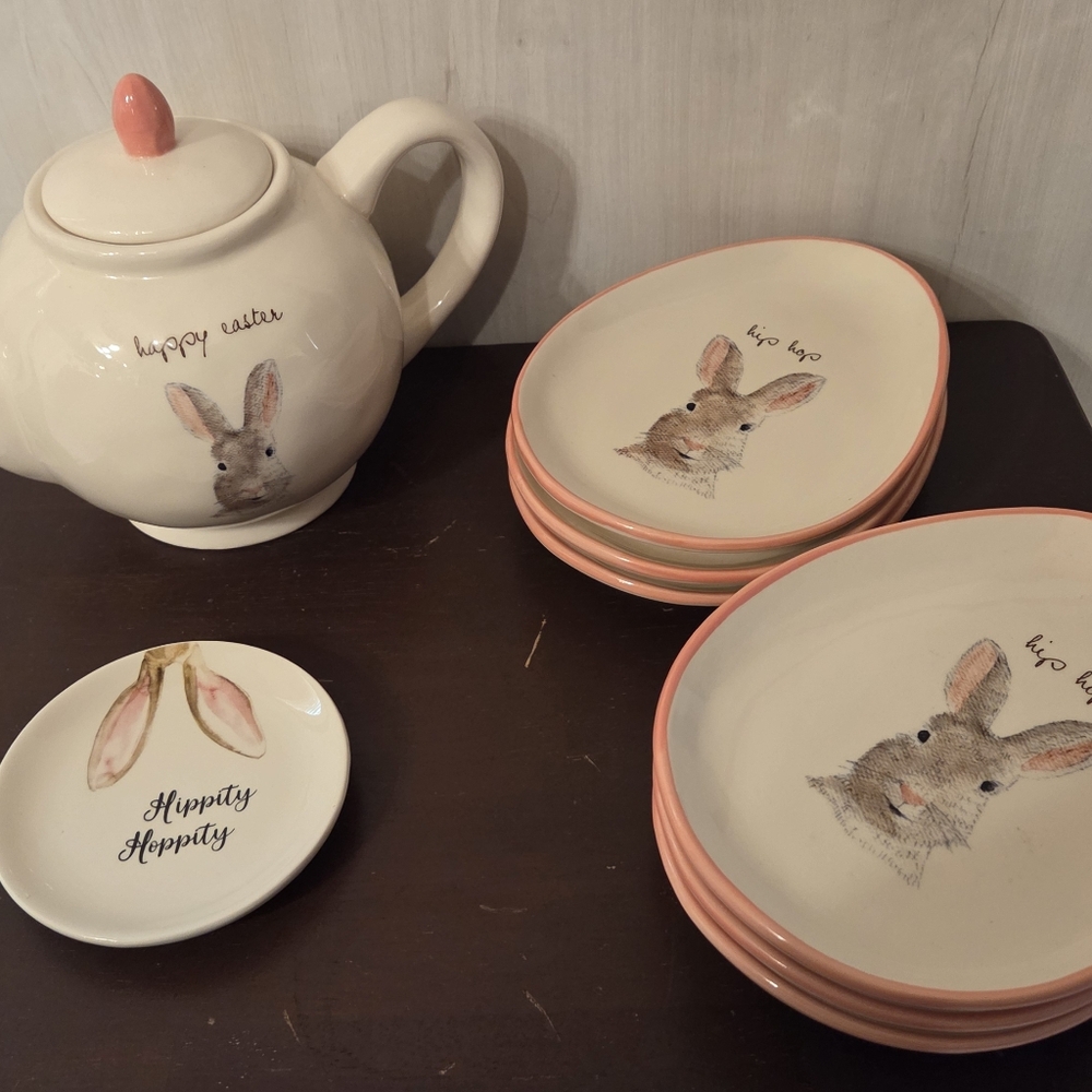 Rae Dunn Easter Bunny Ceramic Tea Set , 6 Egg Shape Plates, Suger Bowl